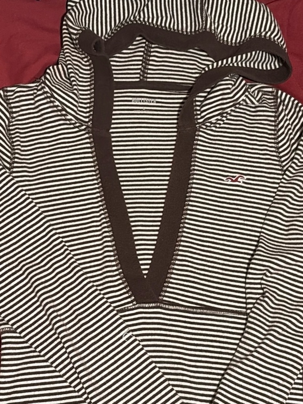Hollister Women's Brown & White Striped V-Neck Hoodie Sweater with Contrast Trim